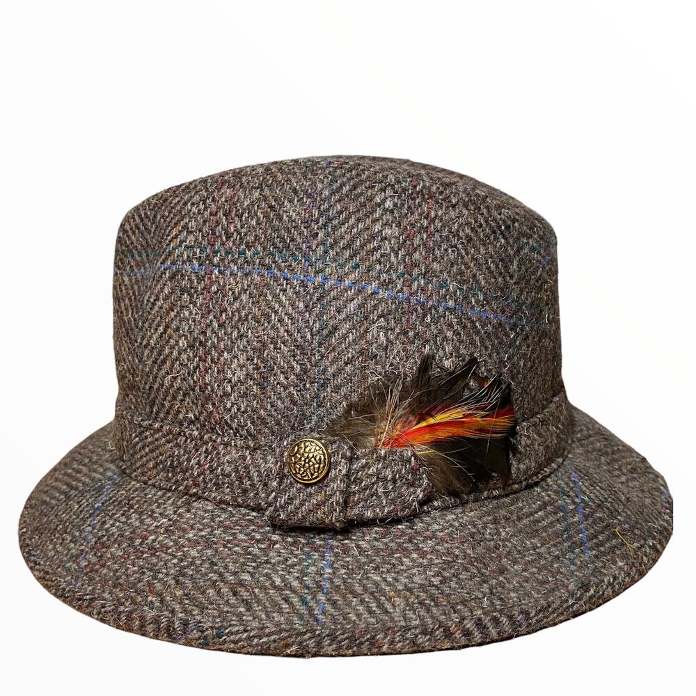 Vintage Pendleton Fedora Walking Hat 60s 100% Virgin Wool Tweed Feather 7 1/4